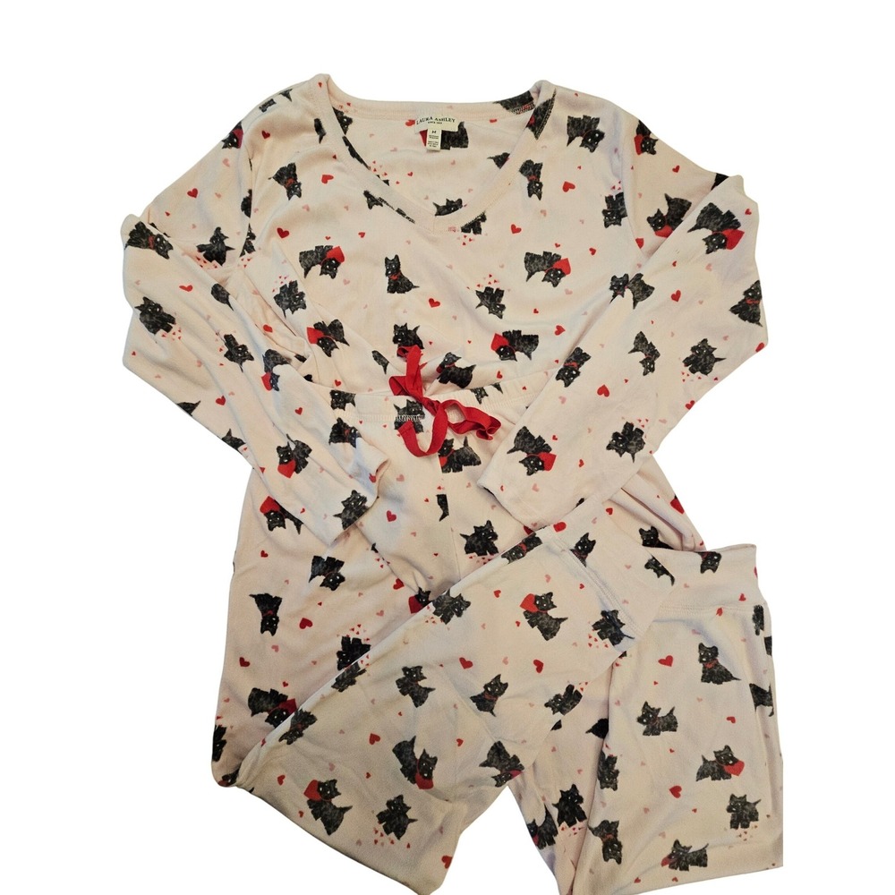 Laura Ashley Pink Scottie Dog Heart Fleece Pajama Set V-Neck Top Joggers Medium